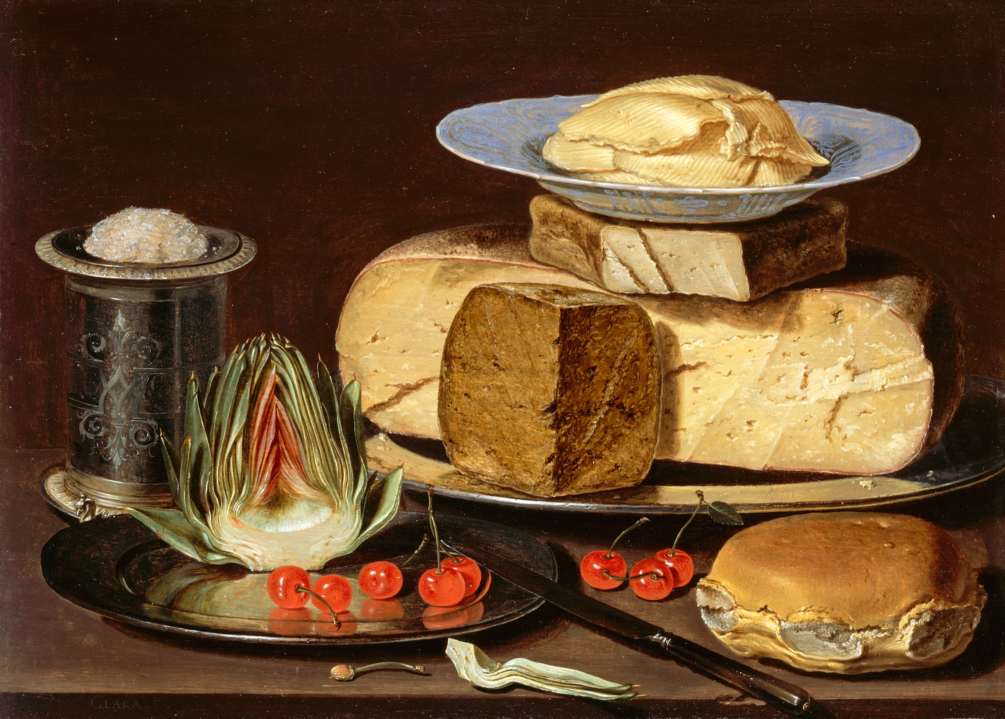 Clara Peeters, Still Life with Cheeses, Artichoke, and Cherries ca. 1625